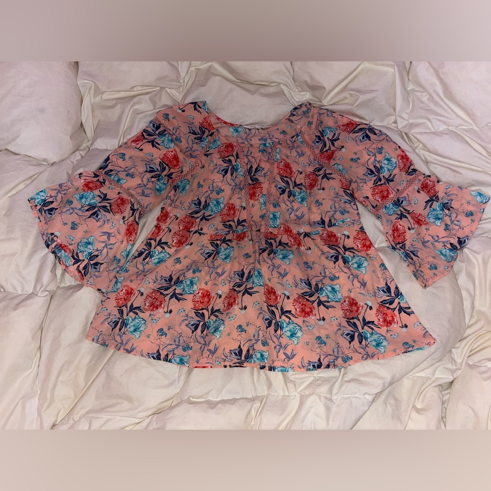 Decree Pink Floral Flared Long Sleeves Top